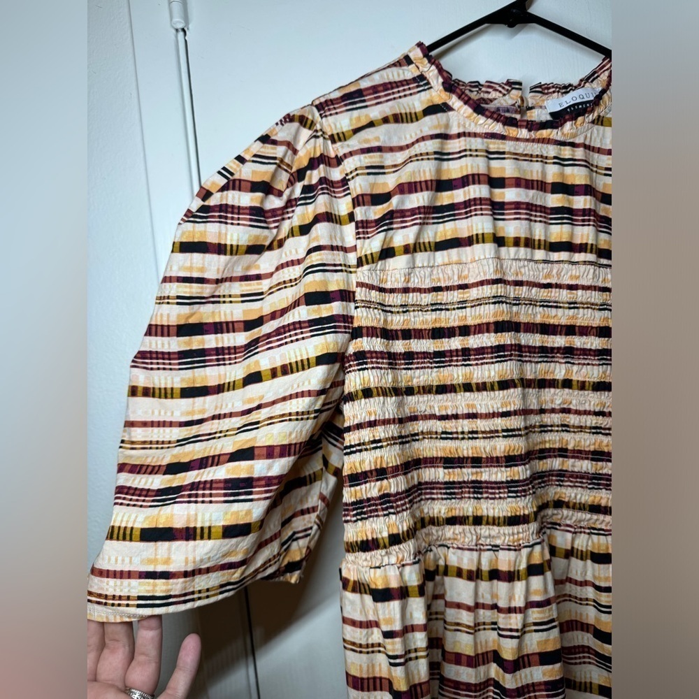 Eloquii Elements Plaid Short Puff Sleeves Peplum Smocked Cream Black Blouse 22 - Picture 5 of 16